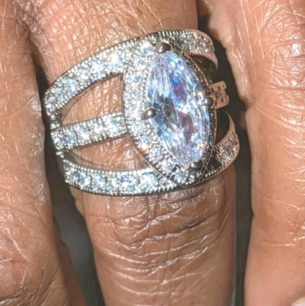 Lab Created Diamond Halo Engagement Ring 14k White gold Plated 3ct Marquise Cut